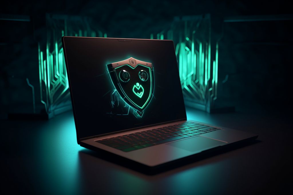 A laptop with a lock symbol on the screen, surrounded by a shield and a padlock. Dark background, cybersecurity concept. --ar 3:2
